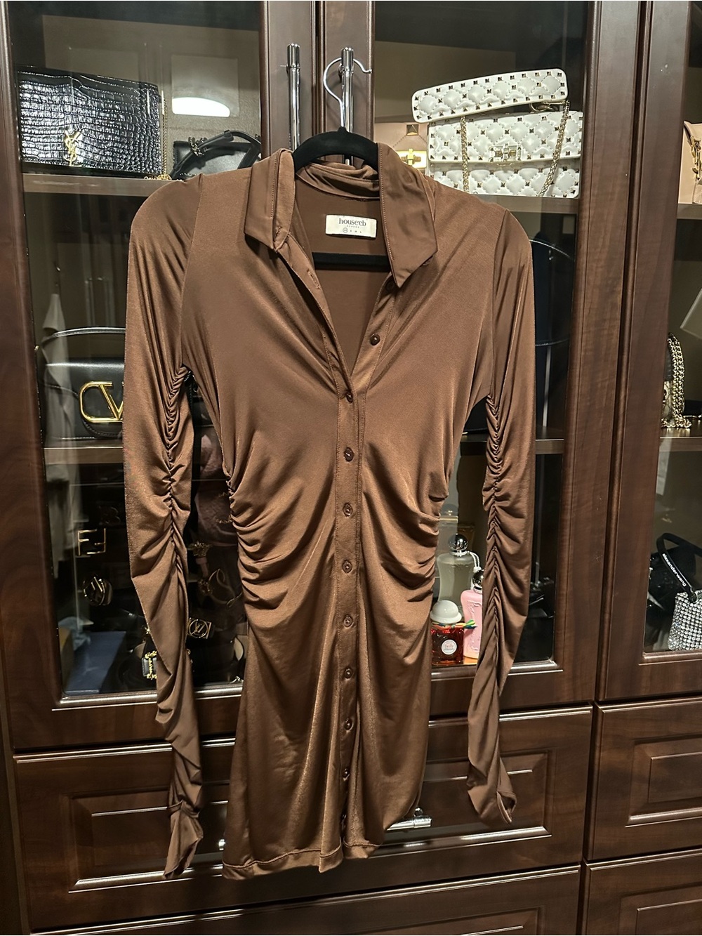 House of CB Brown Ruched Button-Front Mini Dress